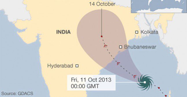 Approximate path of Cyclone Phailin.
