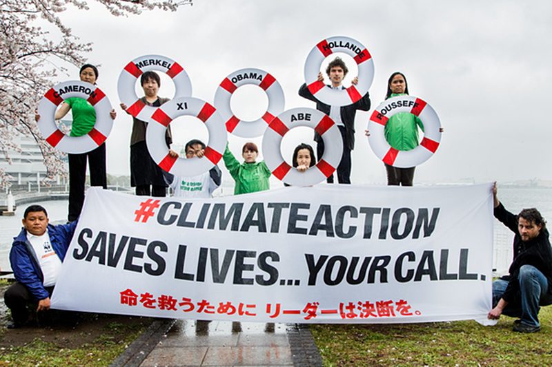 CAN members and allies including Friends of the Earth GCCA, Greenpeace, Oxfam and WWF, plus Japanese groups Kiko Network and CASA, call for world leaders to take action against climate change. Copyright ©Greenpeace/Jeremie Souteyrat
