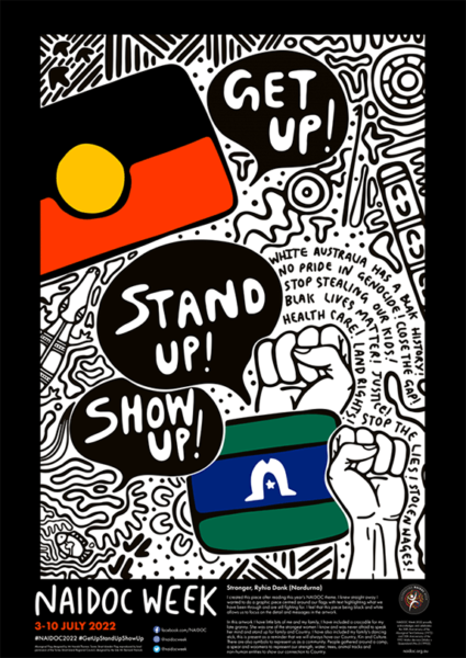 The 2022 National NAIDOC Poster incorporating the Aboriginal Flag and the Torres Strait Islander Flag (licensed by the Torres Strait Island Council).