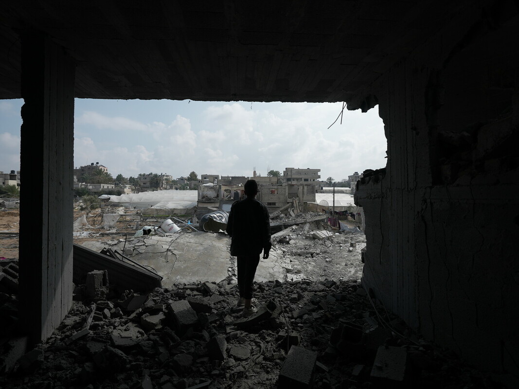 Gaza, Palestinian Territory, Occupied: A boy standing on his bombed house by an Israeli airstrike in Rafah that took place in mid-February 2024. a heavy attack by the Israeli military where around 100 Palestinians were killed in one night in Rafah only. Alef Multimedia/ Oxfam