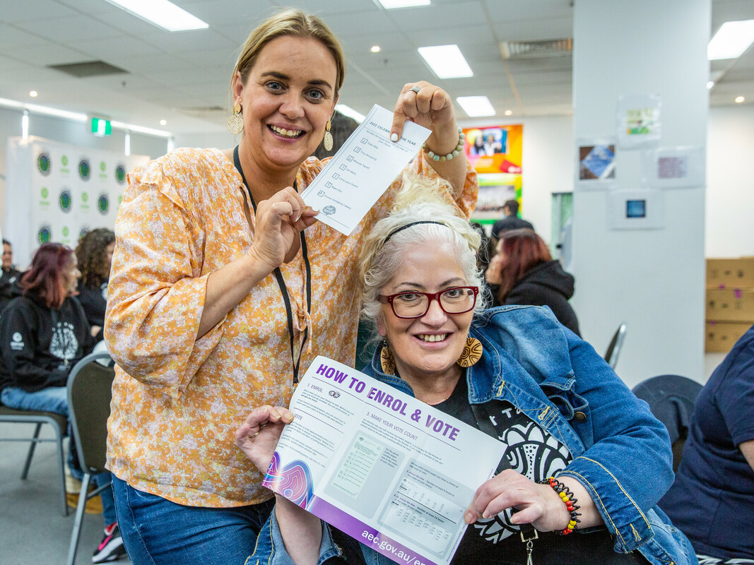 Straight Talk Summit - Canberra 2022 Canberra, Australia: Leanne Sanders and Nicole Bloomfield vote for well known First Nations people in a mock ballot staged by the Australian Electoral Commission to demonstrate the preferential voting system, just one of the many sessions at the 2022 Straight Talk National Summit. Jillian Mundy/Oxfam