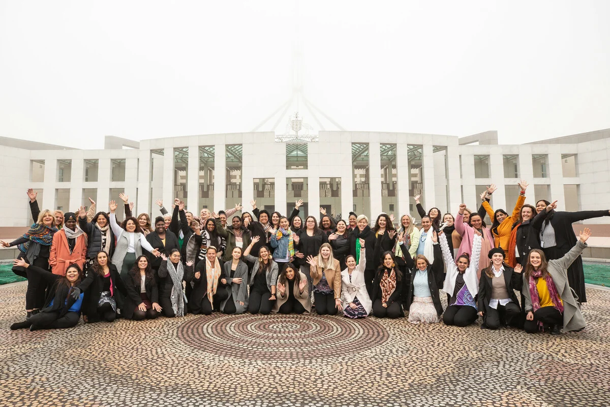 Straight Talk Summit - Canberra 2022 Canberra, Australia: Canberra, Australia: Straight Talk delegates and facilitators pictured in front of the Australian Parliament House the during the 2022 Straight Talk National Summit. Jillian Mundy/Oxfam